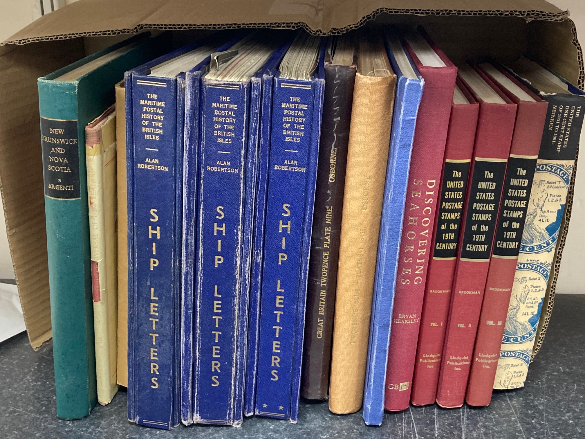 A small library of philatelic publications in two boxes including Robertson Ship Letters (original edition), Two Osborne 2d plating books, interest in USA etc.